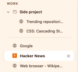 A Side project folder with two tabs inside, above today's tabs