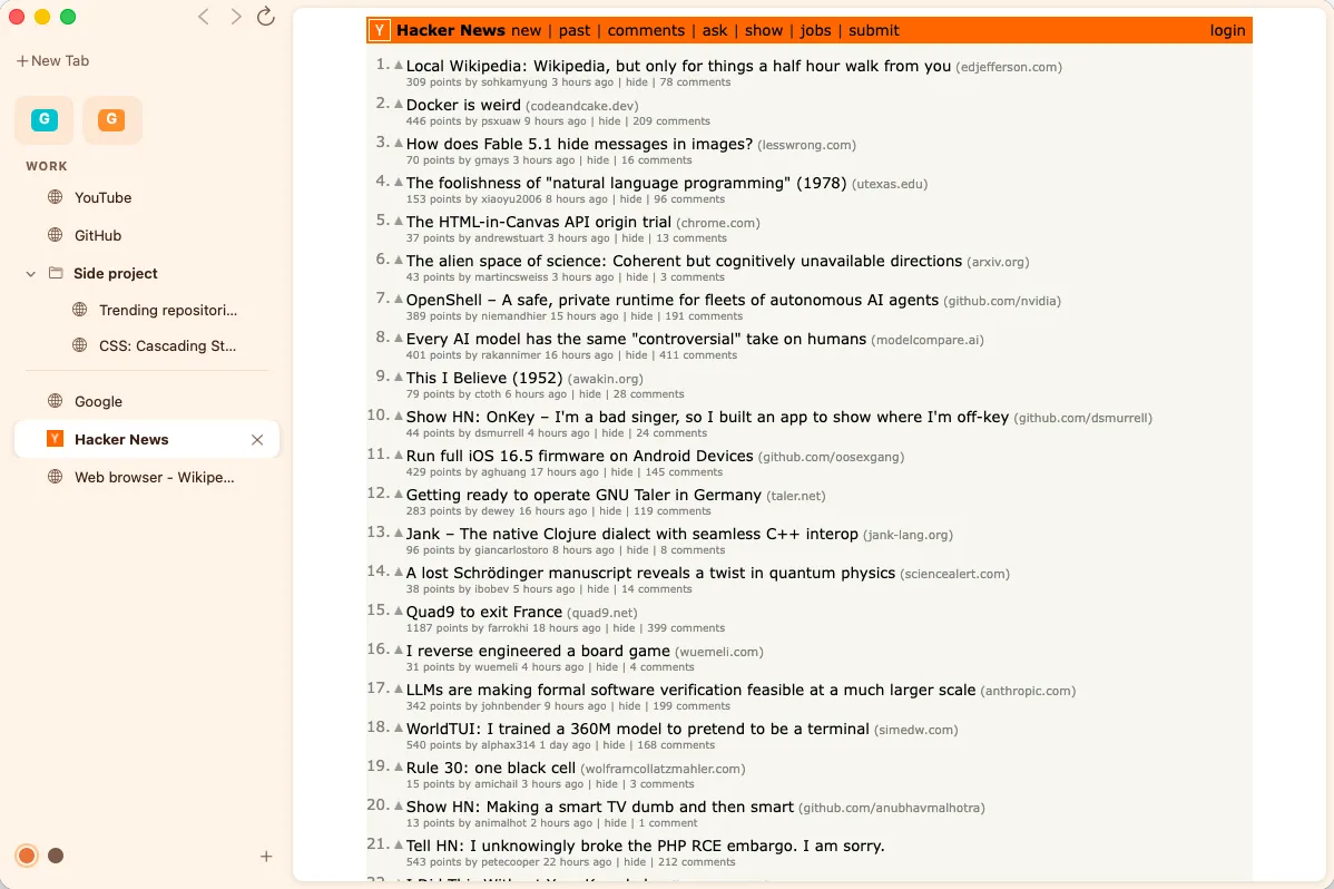 Bow on a Mac: the sidebar with Favorites, a Work Space with pinned tabs, a folder and today's tabs