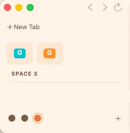 The sidebar of a new Space with its own Favorites, and the Space switcher at the bottom