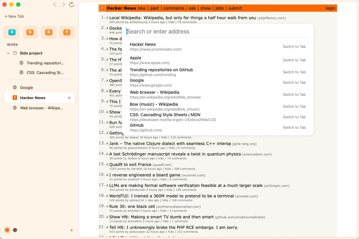 The Bow command bar listing open tabs to switch to