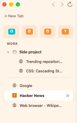 The Bow sidebar: Work Space with pinned tabs, a Side project folder and today's tabs