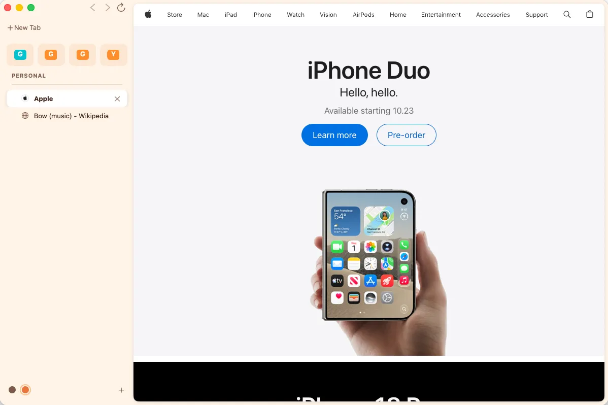 A Personal Space in Bow with its own tabs, and the Space switcher at the bottom of the sidebar
